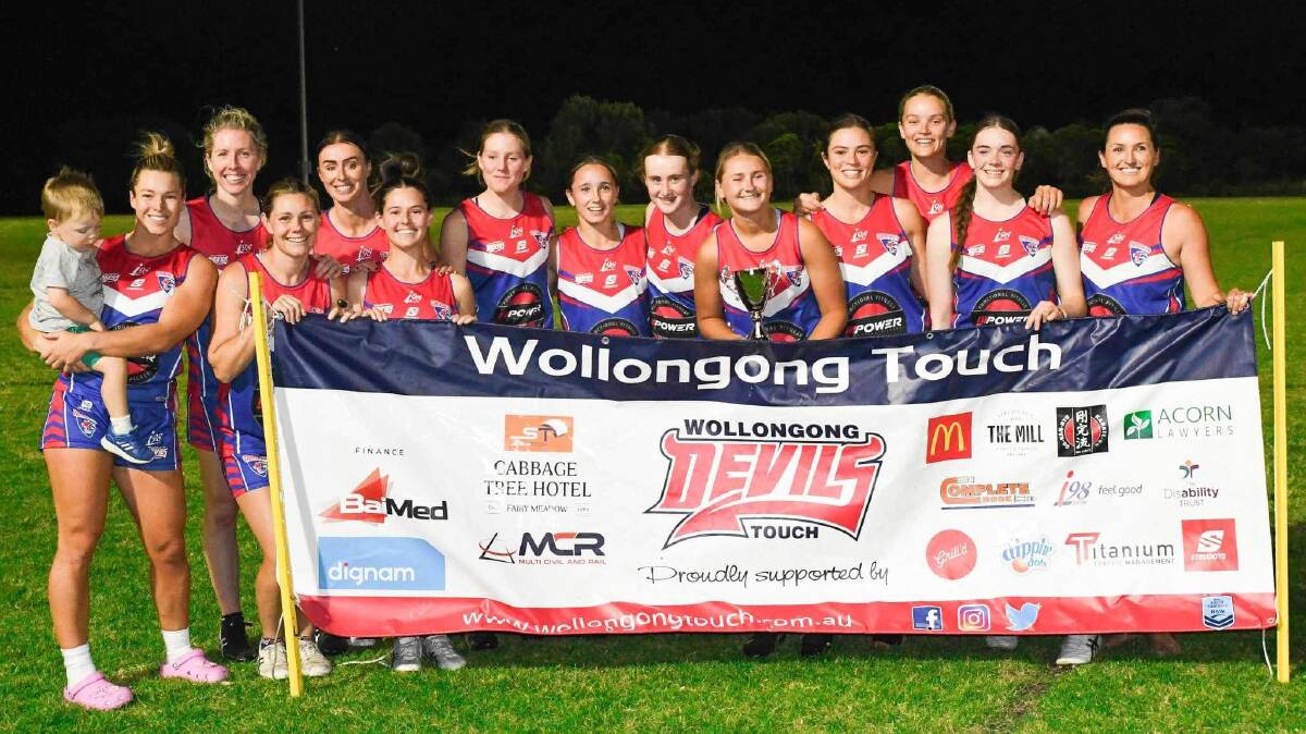 Emma Tonegato (far left) and her Gerringong teammates celebrate after winning the Women's Premier League grand final. Picture - Wollongong Touch