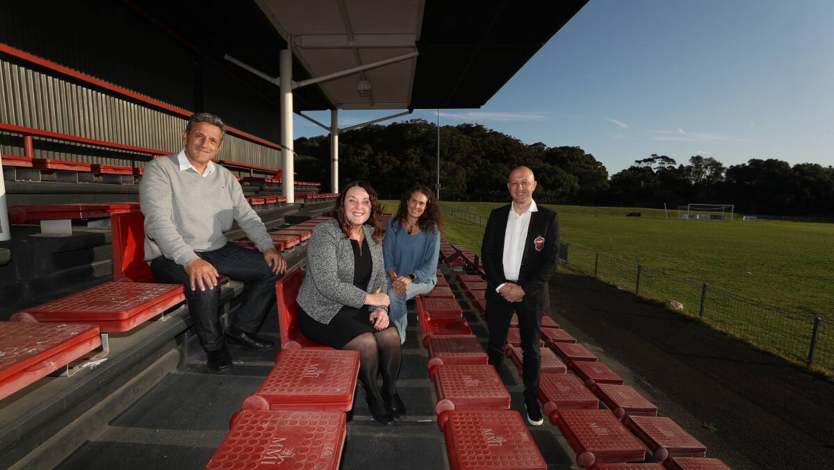 Wollongong Wolves chairman Tory Lavalle, Cunningham MP Alison Byrnes, Illawarra Local Aboriginal Land Council CEO Adell Hyslop and Wolves CEO Strebre Delovski backed a bid in September for Albert Butler Park to host a Women's World Cup team. Picture by Robert Peet