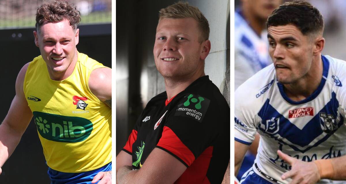 Kurt Mann (left), Drew Hutchison and Kyle Flanagan loom as potential options to wear the Dragons No.6 jersey in 2024. Pictures by Peter Lorimer, Robert Peet and AAP