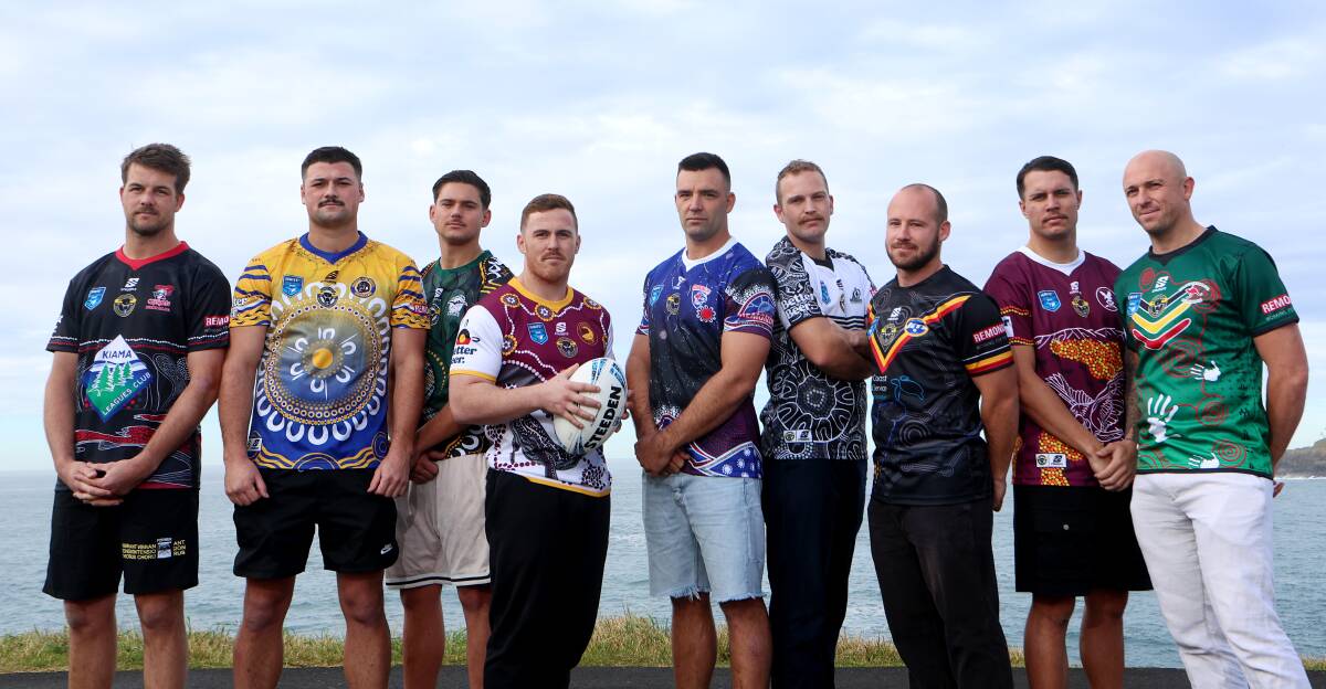Representatives from Group Seven first-grade teams (from left) Kiama, Warilla, Stingrays of Shellharbour, Shellharbour, Gerringong, Berry, Nowra Bomaderry, Albion Park and Jamberoo sporting their NAIDOC Week jerseys on Wednesday. Picture by Sylvia Liber