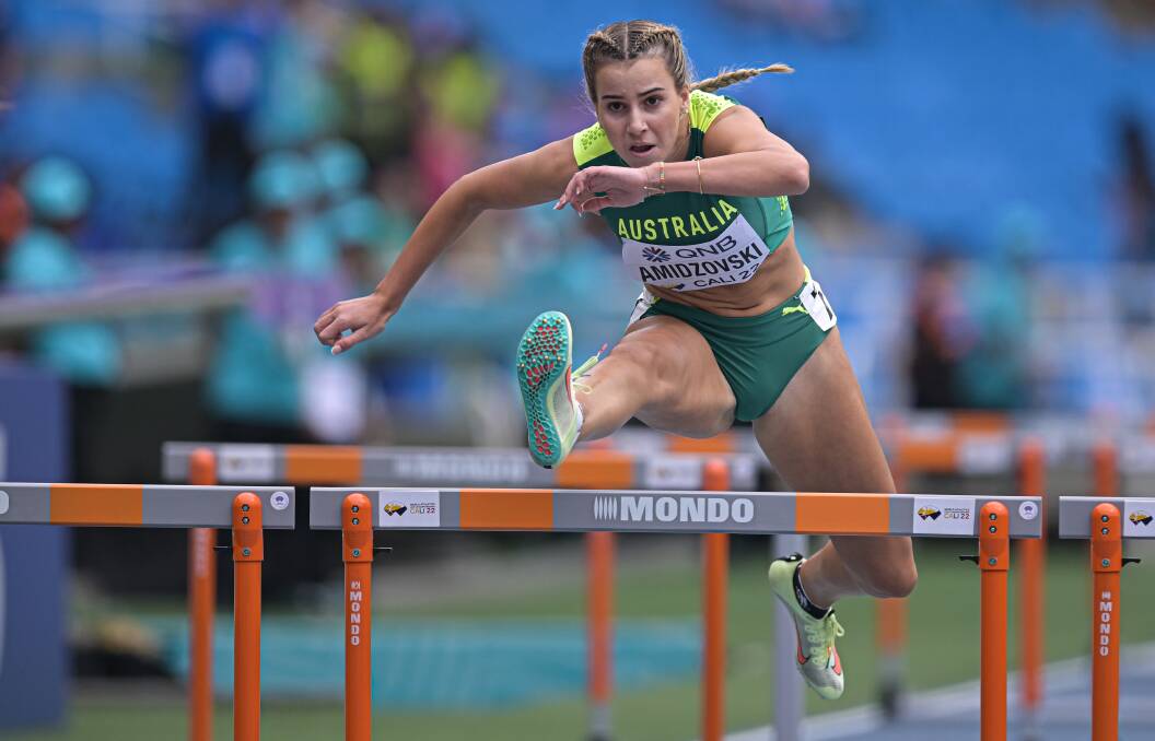 Albion Park hurdler Delta Amidzovski representing Australia at last year's World Athletics Under 20s Championships in Cali, Colombia. Picture by Pedro Vilela/Getty Images
