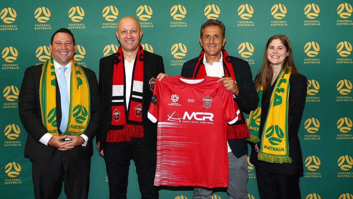 Wollongong Wolves chief executive officer Strebre Delovski (second from left) and chairman Tory Lavalle with Football Australia Football Australia CEO James Johnson (left) and FA head of professional football and competitions, Natalie Lutz. Picture by Brett Costello/Football Australia