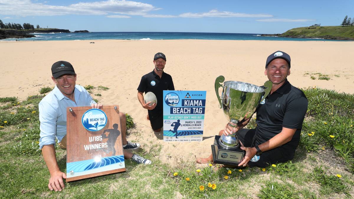 One of the event's sponsors, Anthony Hourigan from Cloudbreak Wealth, with tournament directors Steve Emmett and Keiron Duncan at Kendalls Beach. Picture by Robert Peet
