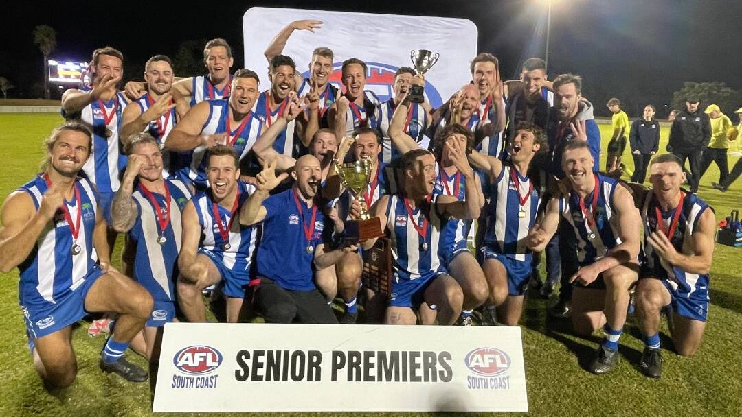 The Figtree Kangaroos celebrate after winning the Men's Premier Division grand final on Saturday. Picture - AFL South Coast
