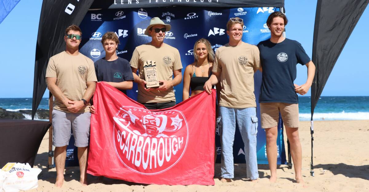 Scarborough Boardriders Club participants and representatives celebrate after winning the Australian Boardriders Battle South NSW regional qualifier at Kiama. Picture - Surfing NSW