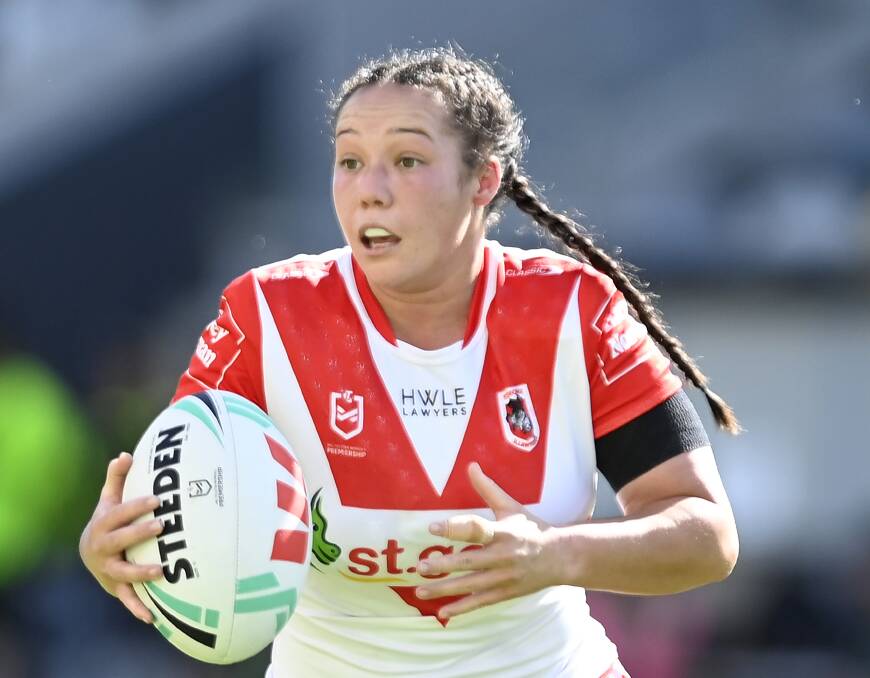 Dragons skipper Raecene McGregor runs the ball during a NRLW match against the Cowboys earlier this year. Picture by Ian Hitchcock/Getty Images