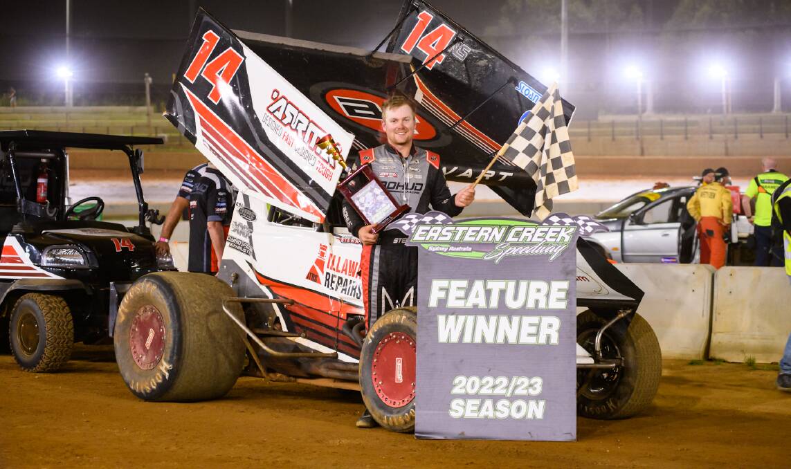 Bohud Racing's Michael Stewart celebrates his win on Saturday night. Picture - ZP Images