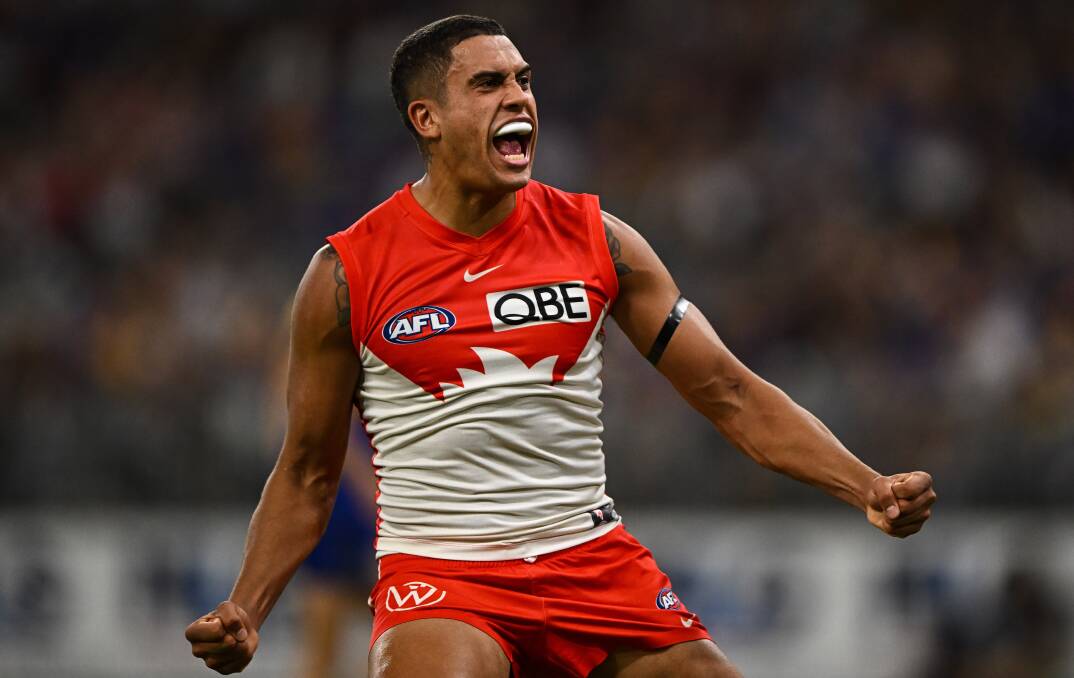 Shellharbour junior James Bell celebrates after kicking a goal for the Sydney Swans in 2022 at Optus Stadium. Picture by Daniel Carson/AFL Photos via Getty Images