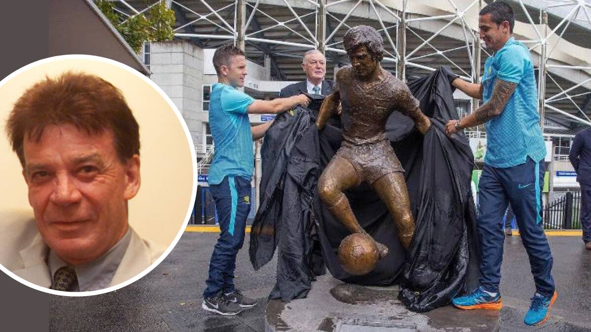 Matt McKay and Tim Cahill unveiling the Johnny Warren statue in 2016. Johnny Spurgo (inset). Picture supplied.