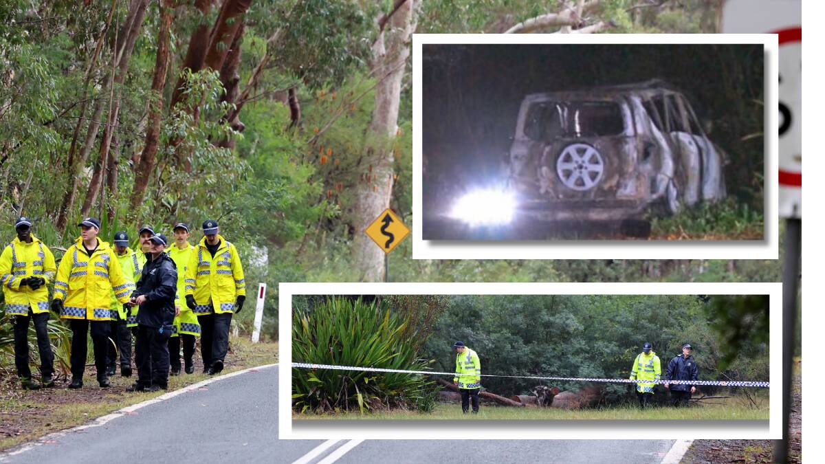 Police are combing bushland at Waterfall in the Royal National Park after skeletal remains of a person were found inside a burnt-out car early Tuesday morning. Picture by Sylvia Liber