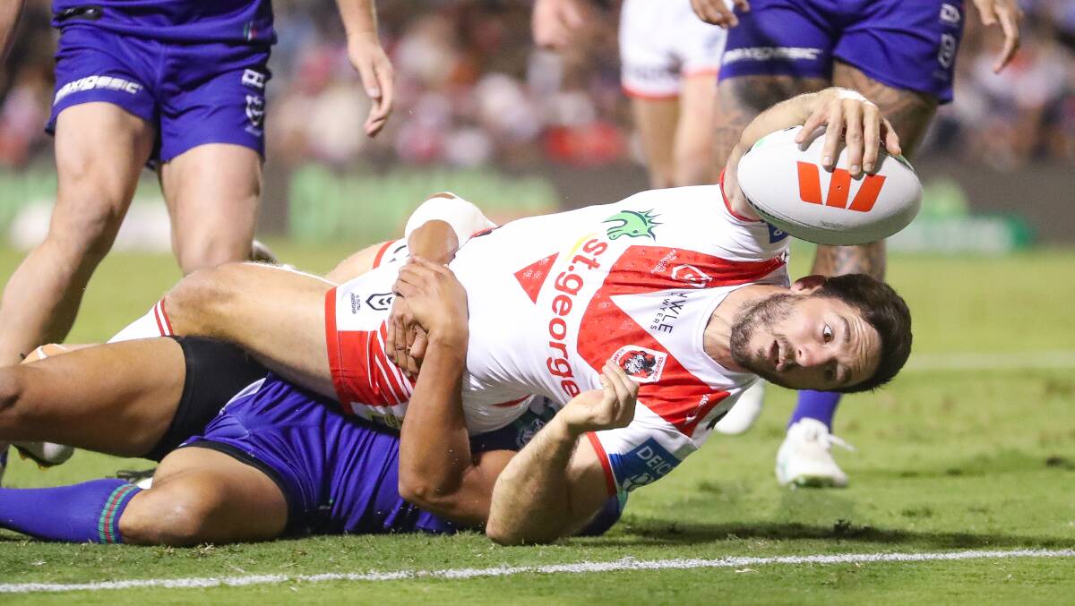 Dragon Ben Hunt gives his all on the way to the tryline at WIN Stadium. Picture by Adam McLean