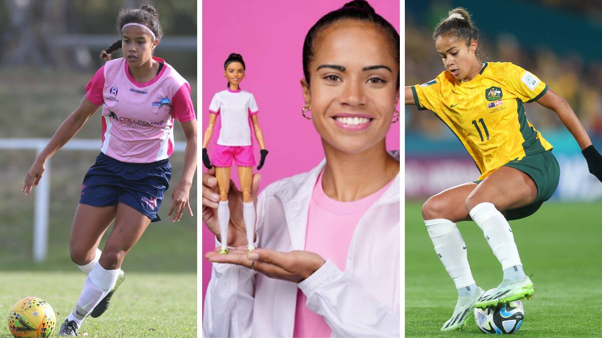 Mary Fowler, centre, with her one-of-a-kind Barbie. And as an Illawarra Stingray, left, and playing for the Matildas at the 2023 Women's World Cup. Picture by Georgia Matts, supplied and Adam McLean
