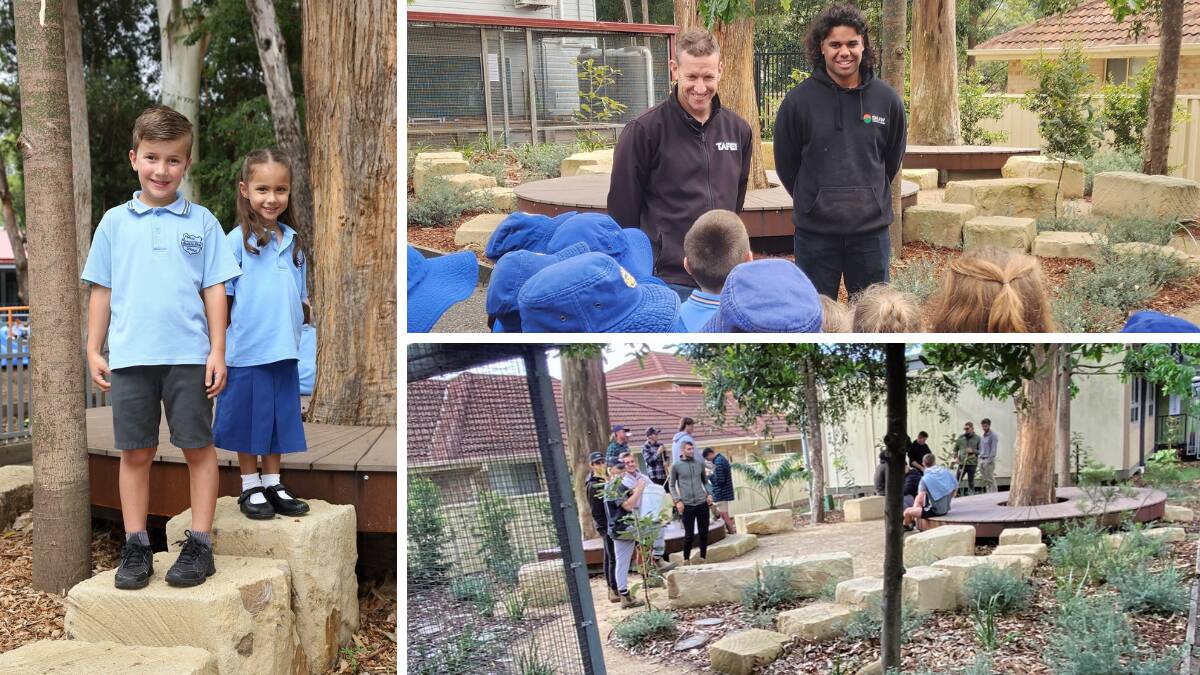 Students Brendan Plumb and Lucy Douglas, pictured left, along with TAFE NSW landscaping teacher Rob Wardlaw and local landscaper and former Lindsay Park student Isaiah Kennedy in the garden at the West Wollongong School. Pictures supplied 