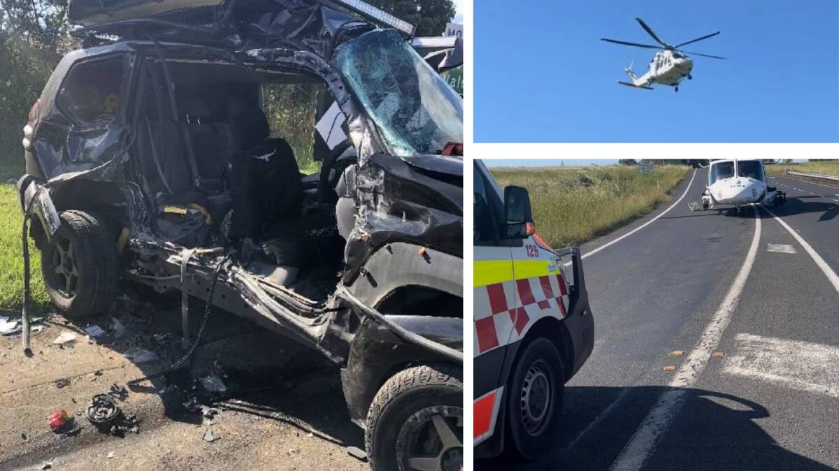 An SUV was left damaged in the collision, with emergency services using rescue equipment to free the driver and her passenger. Two choppers were sent to the scene. Picture: supplied
