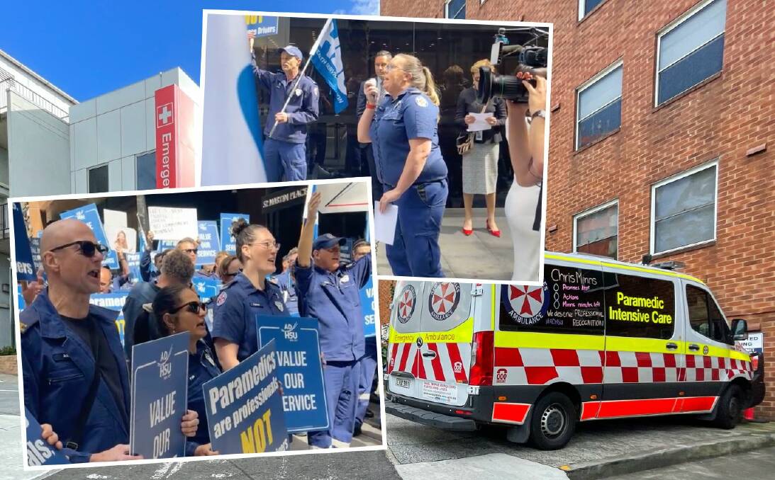 Images from the rally held outside NSW parliament on September 12; and a chalked up ambulance outside Wollongong Hospital calling for Chris Minns to take action. Pictures supplied, and file picture