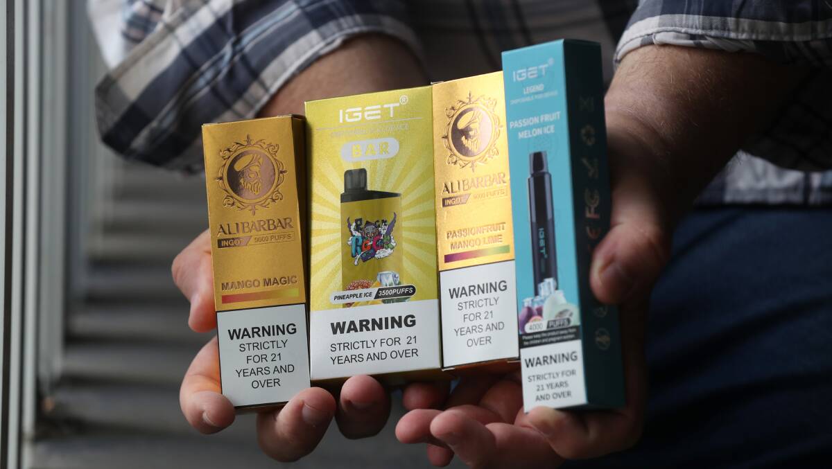 These vapes are now outlawed - but were easy to get in Wollongong CBD. Picture by Robert Peet