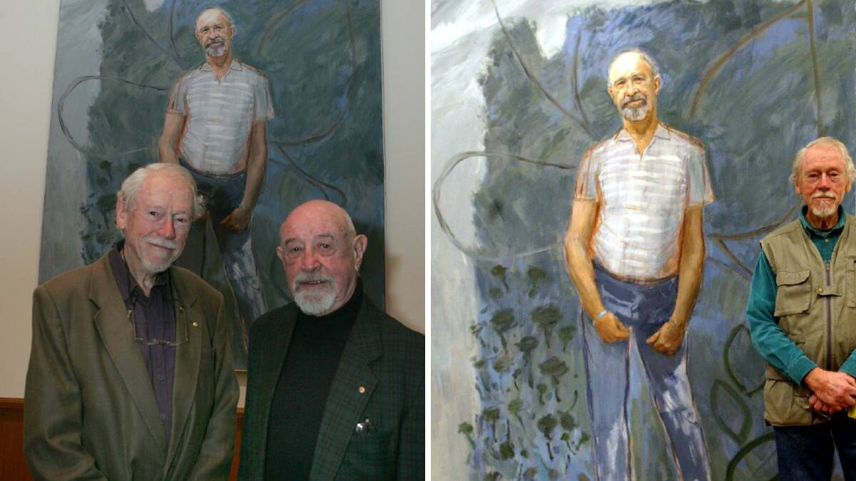 Guy Warren and Bert Flugelman in front of the famous Archibald painting, in 2007 and 2004. Illawarra Mercury file pictures.