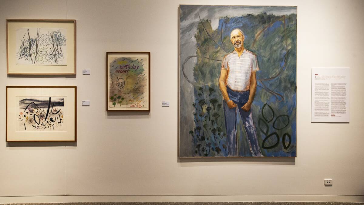 A collection of Guy Warren's works, including his 1985 Archibald Prize winner Flugelman with Wingman, at UOW in 2021. Picture supplied