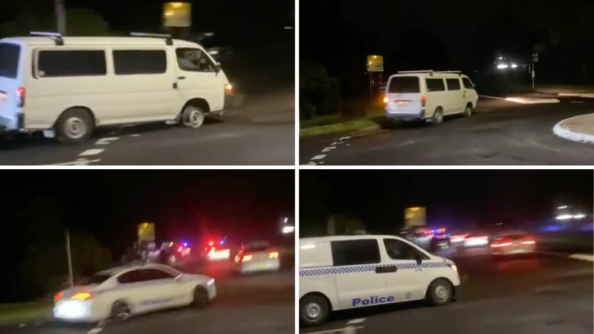 The driver of a white van indicates as he leads a long line of police cars through Oak Flats. Pictures from Facebook 