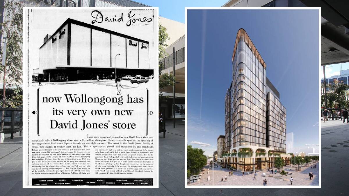 Then and whats to come: A 1966 advertisement from the Sydney Morning Herald marking the opening of Wollongong's David Jones; and future plans for the site.