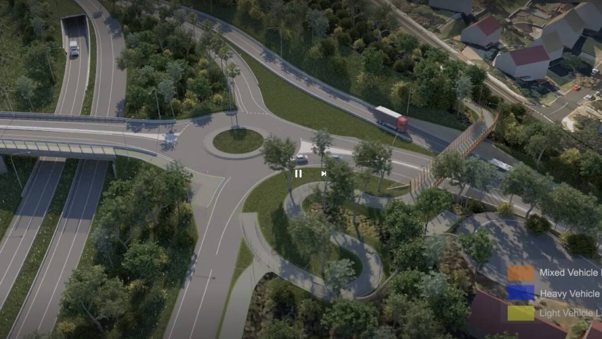 A still from the flyover video of the Mount Ousley Interchange showing the active transport links originally planned. 