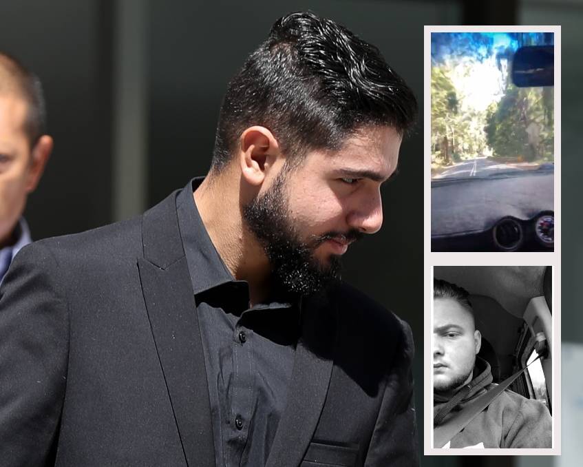 Guilty: Moshen Sleiman (main) confessed to dangerous driving causing the death of his best friend, Emrah Nokic (bottom right), who a passenger in Sleiman's vehicle when it crashed into a tree in the Royal National Park in 2020. Video footage of Sleiman's driving moments before the crash (top right) was tendered in court. 
