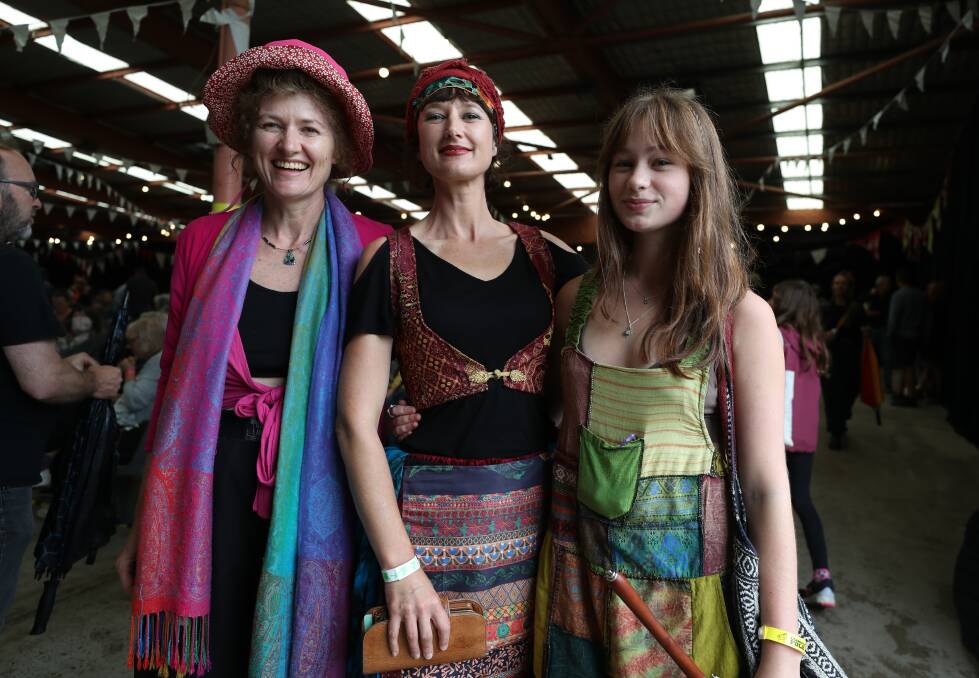 Jenny Stephenson, Aimee Jackson and Emilia Barnes at the Illawarra Folk Festival on at Bulli Showgrounds on Sunday. Picture: Robert Peet