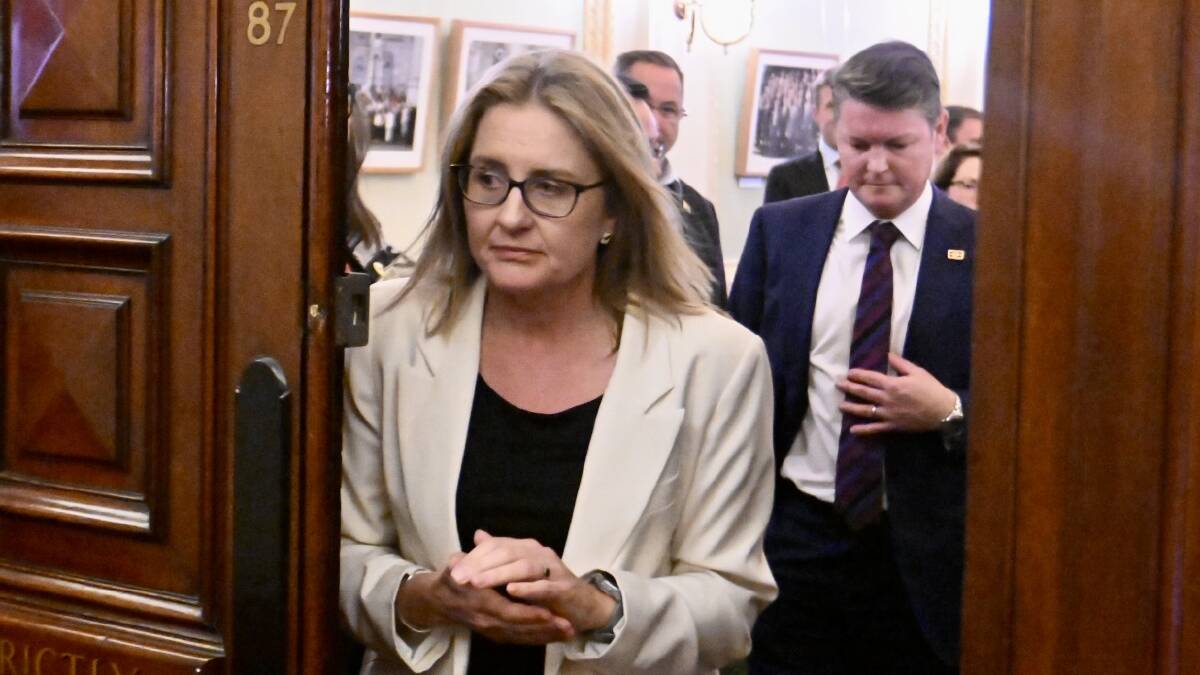Jacinta Allan, trailed by Ben Carroll, leaves the meeting room after being election Premier and Deputy Premier respectively. Picture by Darren Howe