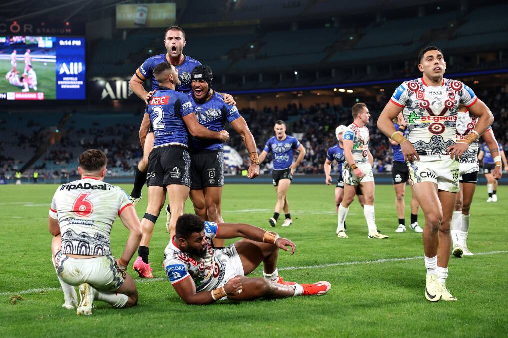 Stephen Crichton posts one of seven second-half tries for the Bulldogs on Thursday night. Picture Getty Images