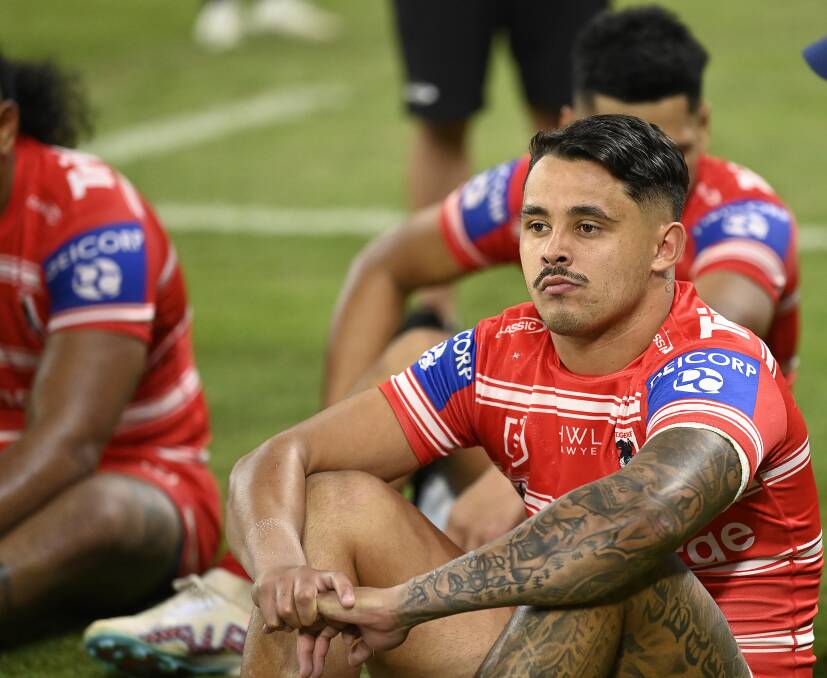 A dejected Jayden Sullivan following the Dragons loss to the Cowboys last week. Picture Getty Images