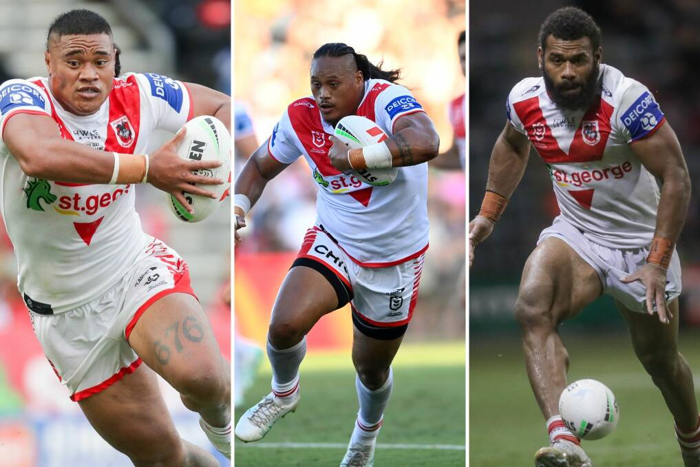 Dragons left-edge trio Moses Suli, Luciano Leilua and Mikaele Ravalawa. Pictures Adam McLean and NRL Photos