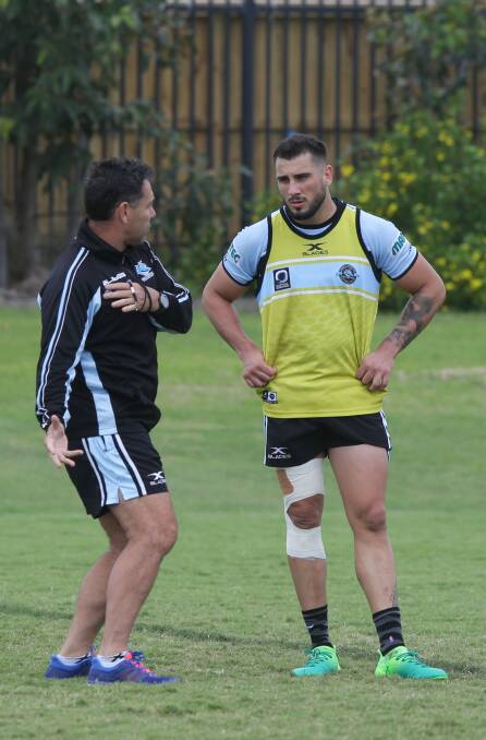 Jack Bird with Shane Flanagan at the Sharks in 2015. Picture by John Veage