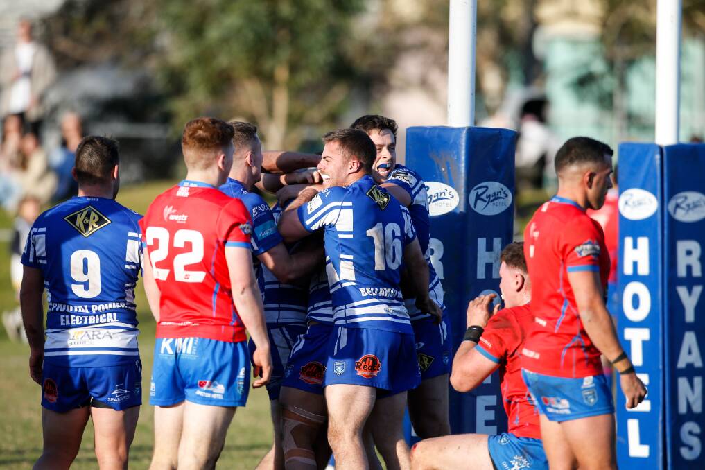 Thirroul celebrate debutant Michael Mouwad's try on Saturday. Picture by Anna Warr