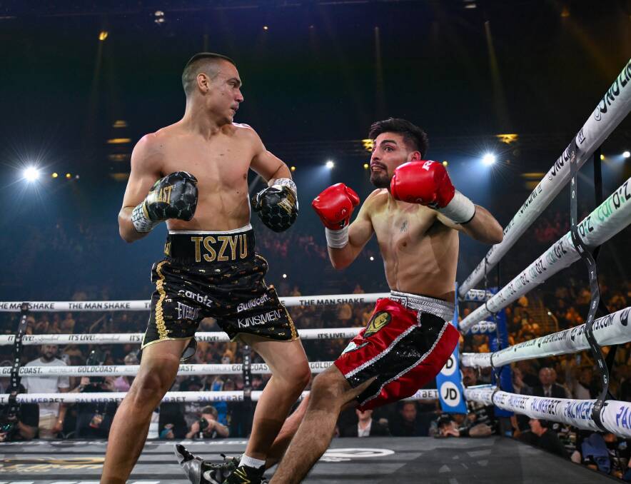 Tim Tszyu KO's Mexican Carlos Ocampo in the first round of their bout on Sunday. Picture by Matt Roberts/No Limit Boxing.