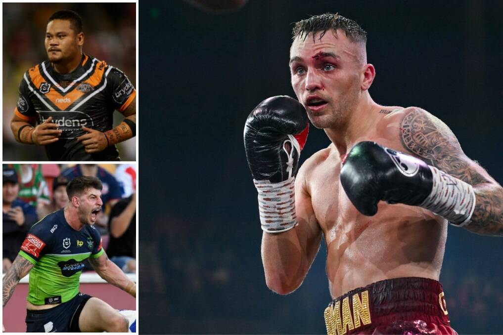Sam Goodman (main) will headline a Wollongong card featuring a showdown between former NRL bad boys Joey Leilua and Curtis Scott (insets). Picture No Limit Boxing 