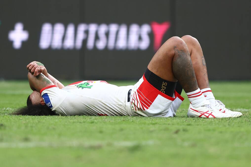 Moses Suli despairs at the Dragons two-point loss to the Tigers on Sunday. Picture - Getty Images