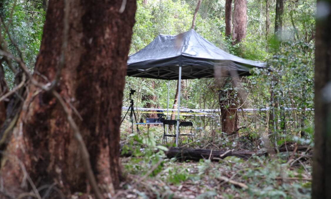 A crime scene in bushland at Mount Kembla, pictured on Thursday, September 28. Picture: Angela Thompson
