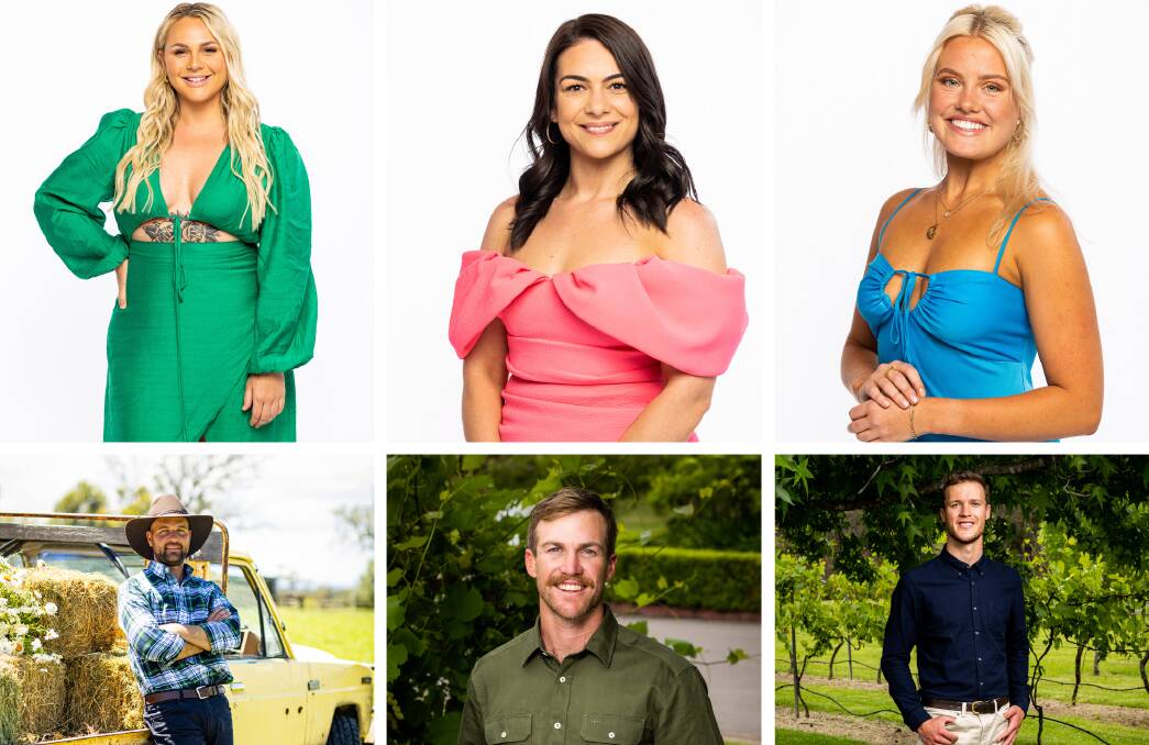 Wollongong's Christina, Cassandra and Olivia will vie for the affections of (L-R) Brad, David and Matt, in this season of Farmer Wants a Wife. Pictures: supplied 