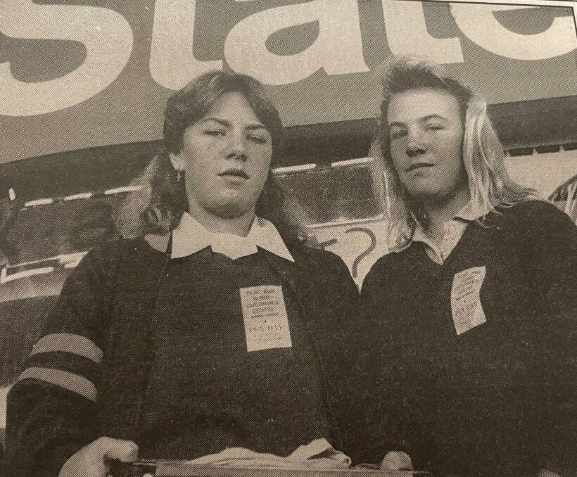 Woonona High School students Michelle Robinson, left, and Lisa Williams who chased an armed robber through Thirroul Plaza after he held up the State Bank on Friday, July 20, 1990. Picture by Andy Zakeli