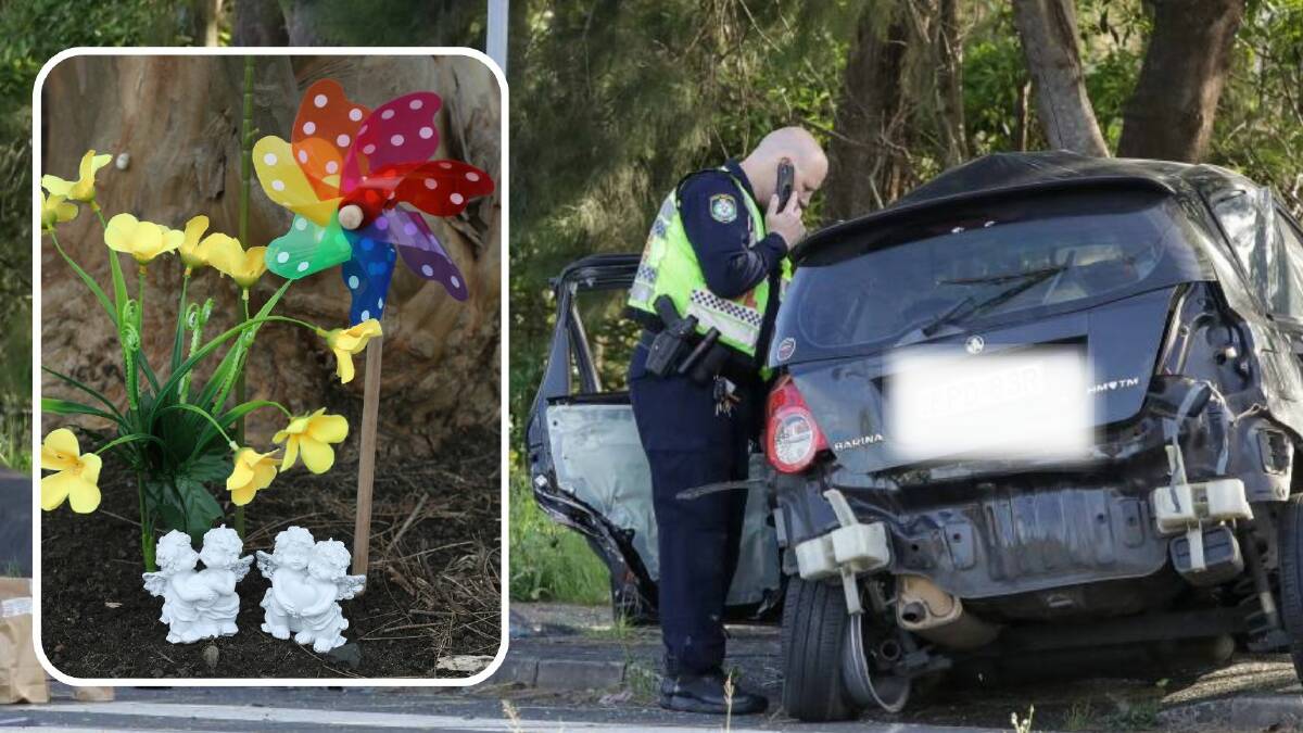 The scene of the crash at Memorial Drive and inset flowers laid at the scene of a crash that killed a 12-year-old Bellambi boy. Pictures by Adam McLean and Robert Peet