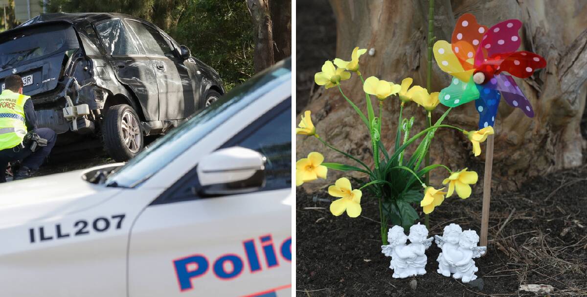 The abandoned car at Towradgi. Flowers laid at the scene of the crash. Pictures by Adam McLean and Robert Peet
