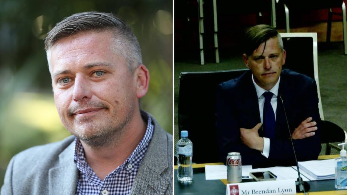 On campus at UOW, Brendan Lyon says Australia needs a 'conspiracy to tell the truth'. Picture by Robert Peet. Right: Brendan Lyon faces a parliamentary committee. Picture supplied.