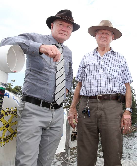 Lord Mayor Gordon Bradbery with Arthur Booth OAM in 2016 launching new bins for fishing tackle waste. Picture by Sylvia Liber.
