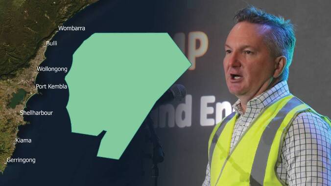 Chris Bowen with the map of the proposed offshore wind zone.