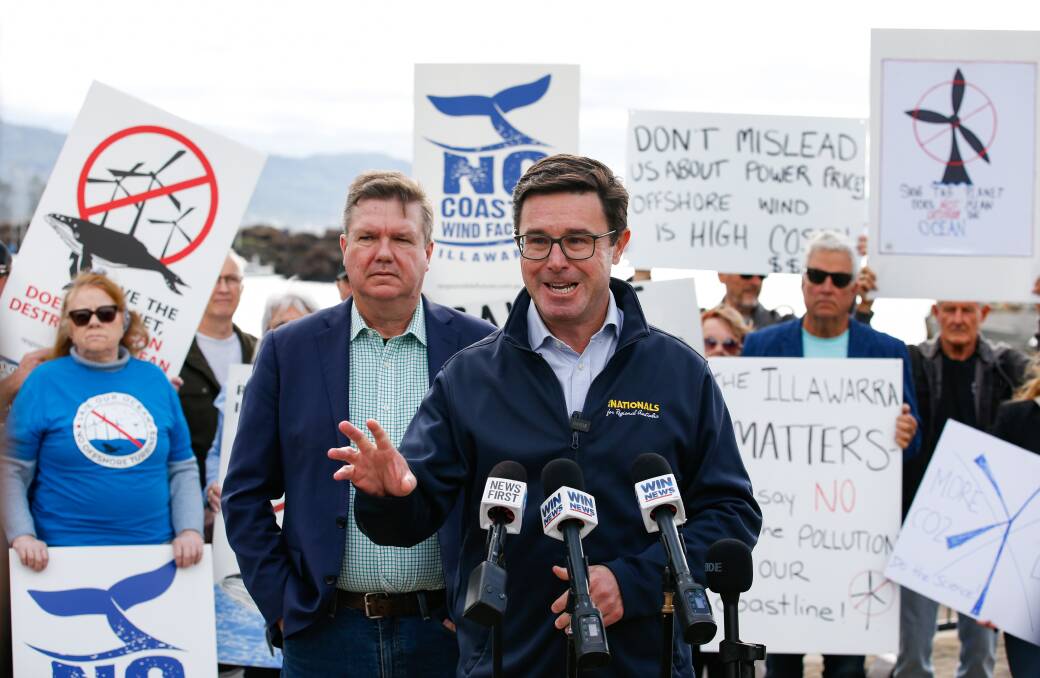 Senator Ross Cadell (centre left) with Nationals leader David Littleproud with anti-wind farm activists in Wollongong on June 17. Picture by Anna Warr.