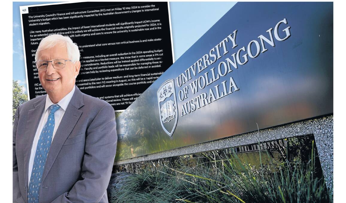 UOW Chancellor Michael Still along with the message sent to staff about the cuts.