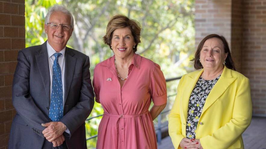 UOW released this picture of Chancellor Michael Still, former chancellor Christine McLoughlin and former vice-chancellor and Professor Patricia M. Davidson together in December 2023 when Mr Still was elected.