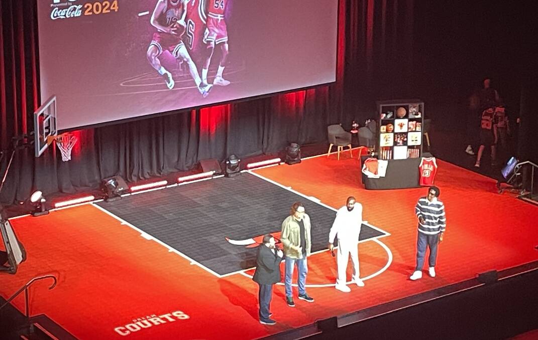 Shane Jacobson, Luc Longley, Horace Grant and Scottie Pippen at the Darling Harbour Theatre on Tuesday night.