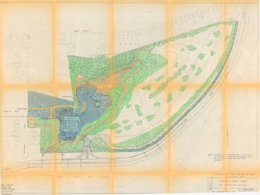 The yellowed plans from the 1982 DA appear to show the water body filled in with unknown material.