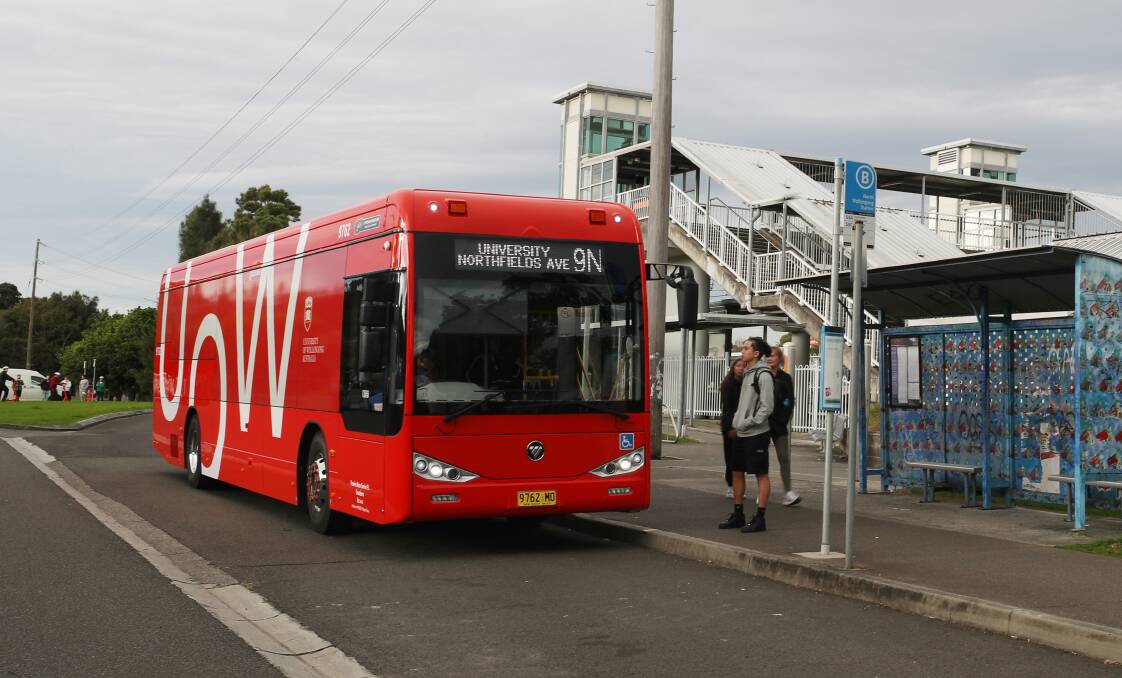 One of UOW's shiny new electric buses at North Wollongong station on Tuesday. Picture by Robert Peet
